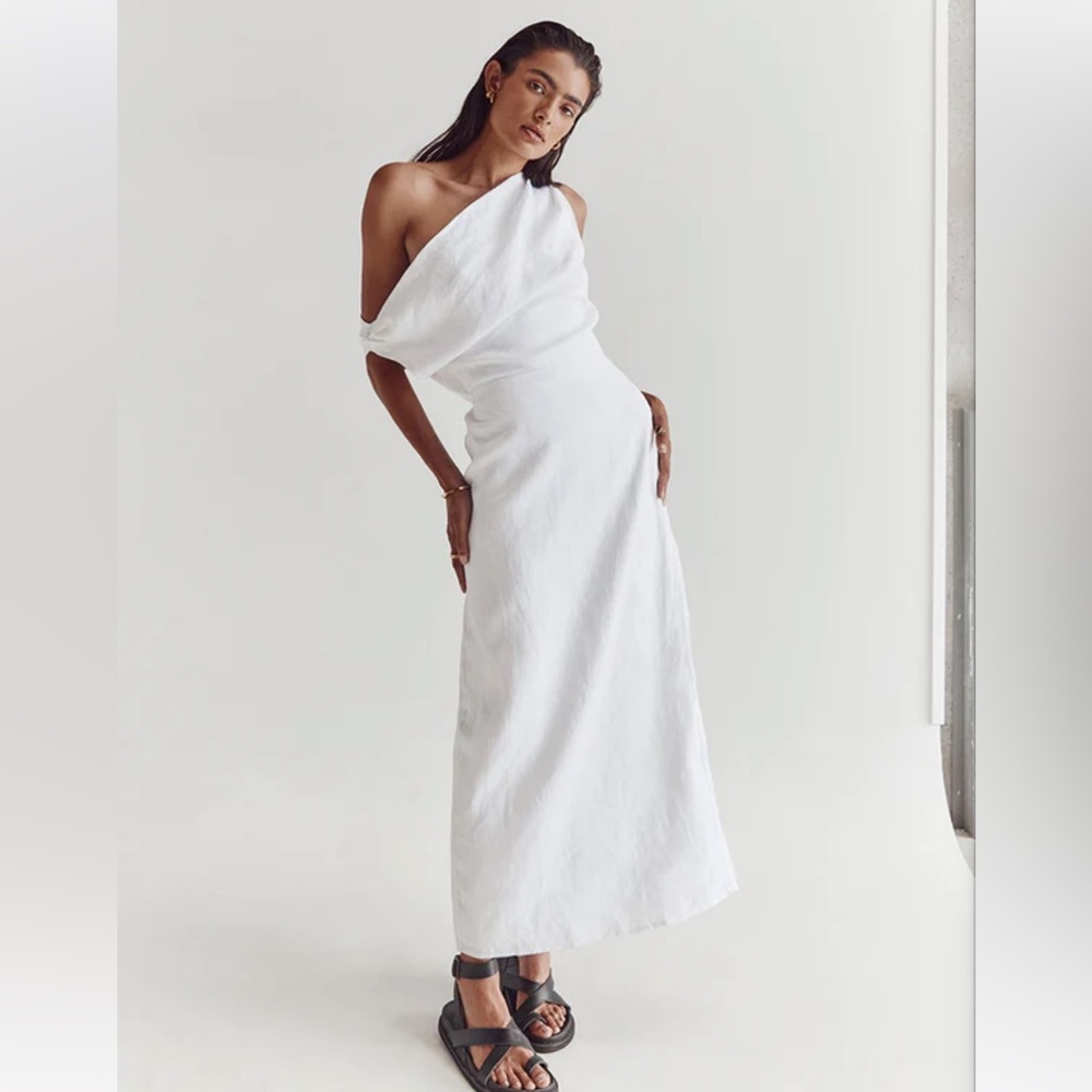 DISSH CASS WHITE LINEN ASYM MIDI DRESS